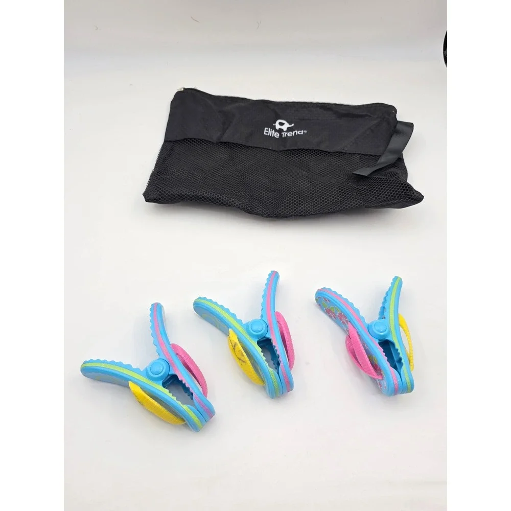 Elite Trend Flip Flop Beach Towel Clips Set of 3 Blue Pink Floral With Mesh N3